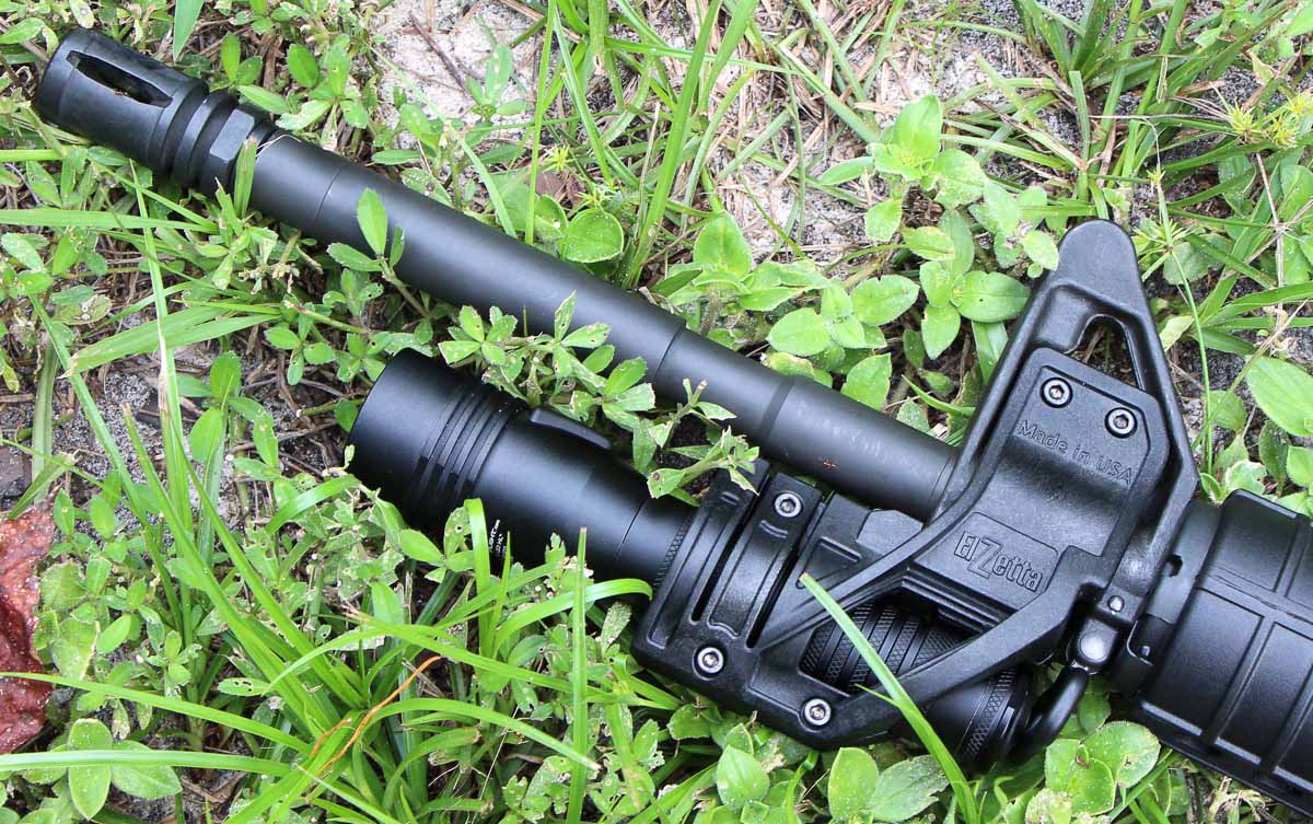 Elzetta ZFH1500 flashlight mount on AR-15 rifle