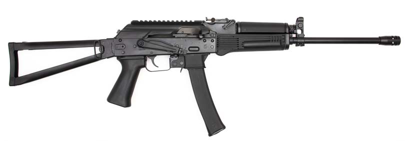 A right-side profile photograph displays the Kalashnikov KR-9 rifle showing the selector lever and ejection port. The Kalashnikov KR-9 features smooth-operating safety selector controls. Pistol caliber carbines utilize right-side mounted selector switches. The KUSA 9mm pistol caliber carbine provides crisp selector engagement. Blowback-operated firearms incorporate simple ambidextrous controls. AK-pattern carbines offer familiar control layouts for shooters