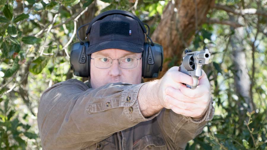 author testing the Smith and Wesson PC 986 on the shooting range