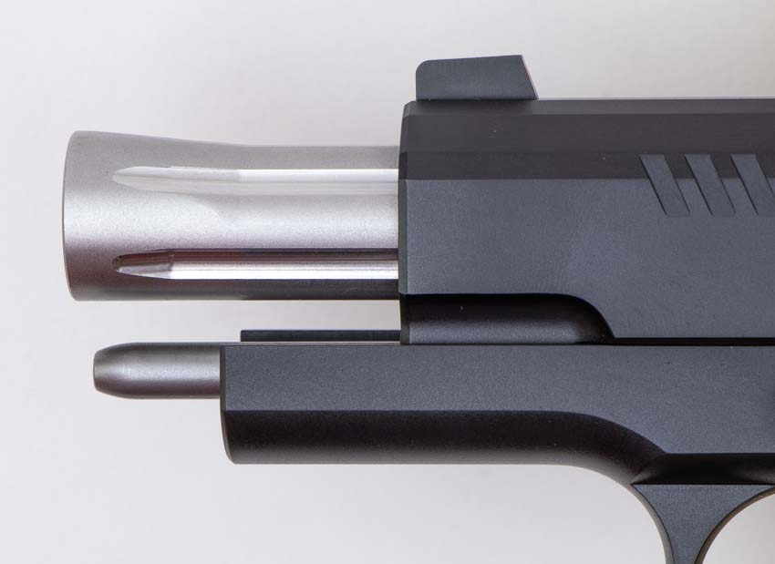 belled barrel and muzzle of Ed Brown 1911 9mm pistol