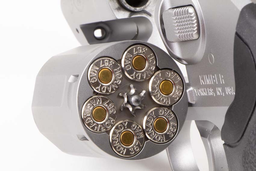 six rounds of Hornady 125 grain Critical Defense 357 Magnum ammunition loaded into cylinder of Kimber K6s revolver
